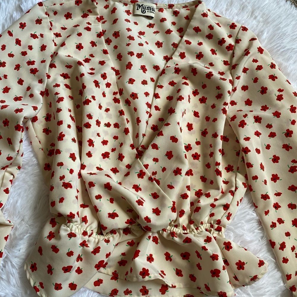 Show Me Your Mumu Floral Top Deep Plunge Front Cream Red Elastic Bottom Size XS - Picture 3 of 10